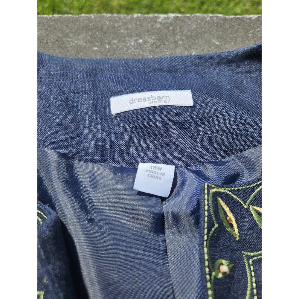Dressbarn 18W Navy Embroidered Floral Artisan Jacket Lined Open Front 3/4 Sleeve - Picture 3 of 6